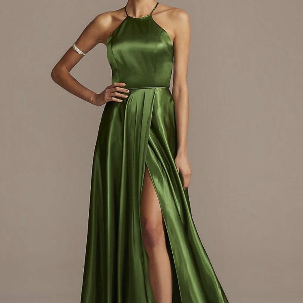 Olive High Neck Satin Slit Gown with Pockets